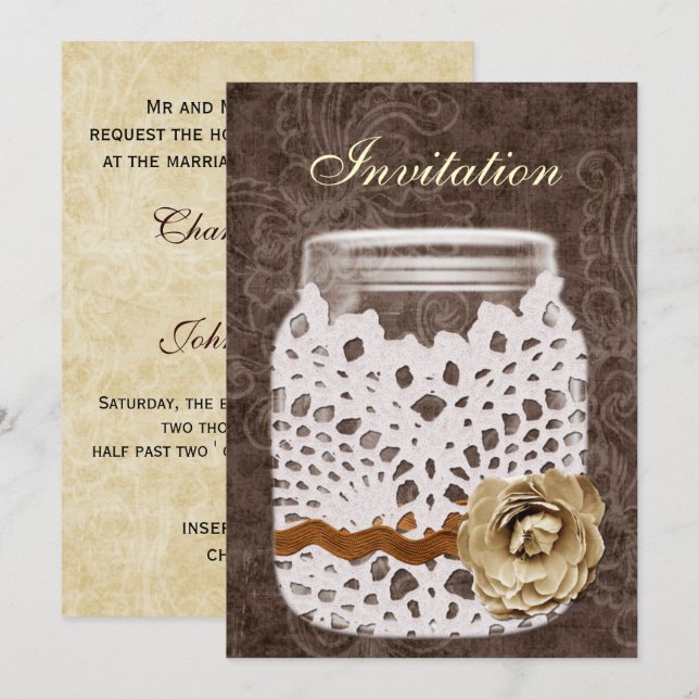 Rustikale Spitzen wrapped Mason Jar Wedding Einladung (Vorne/Hinten)
