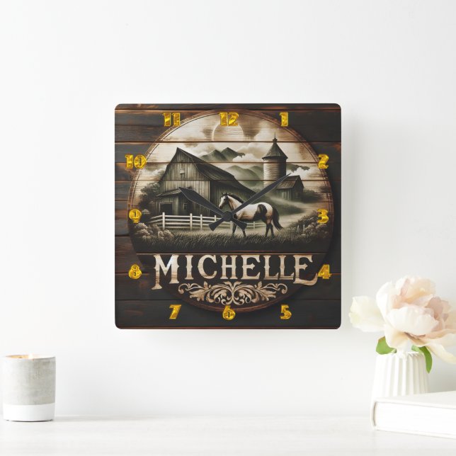 Rustikale Stall- und Pferdedarstellung bei Twiligh Quadratische Wanduhr (Zuhause)