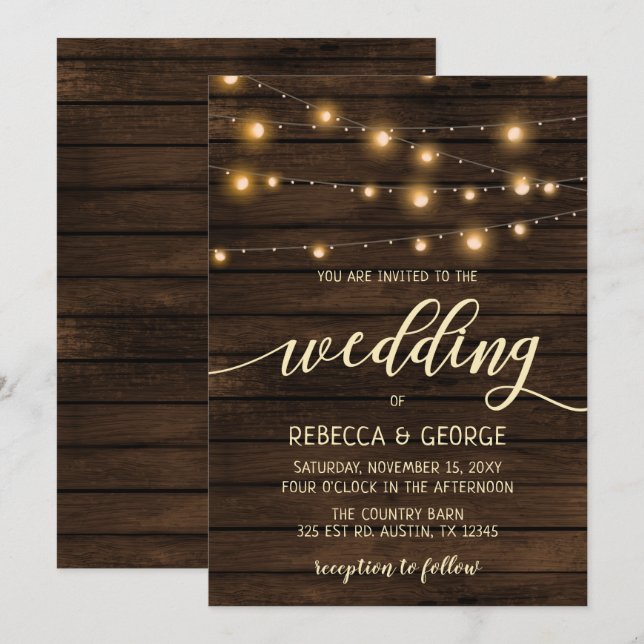 Rustikale Stallenholz-Saitenleuchten Hochzeitseinl Einladung (Vorne/Hinten)