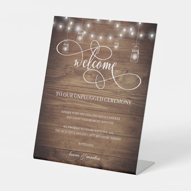 Rustikale Stallenholz-String-Lichter Unplugged Zer Sockelschild (Vorderseite)