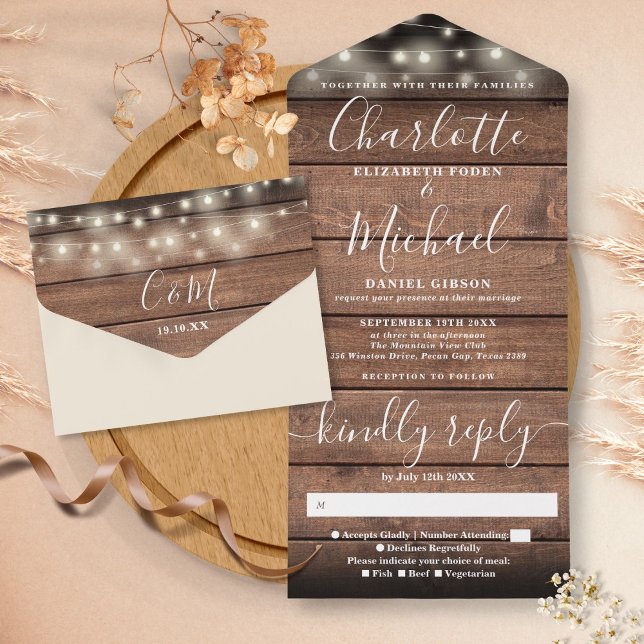 Rustikale Stallenholz-String-Lights Monogram-Hochz All In One Einladung (Rustic Barn Wood String Lights Monogram Wedding All In One Invitation)