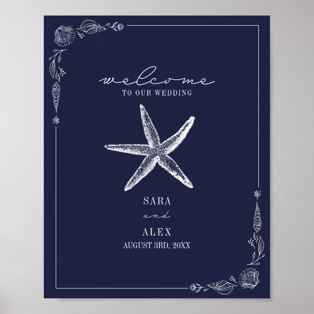 Rustikale Starfish Dark Blue Beach Hochzeit Willko Poster (Vorne)