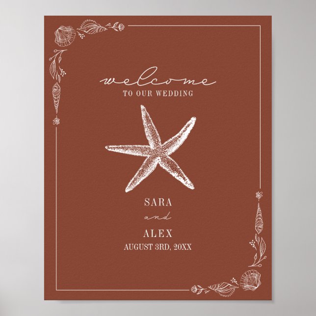 Rustikale Starfish Terracotta Beach Hochzeit Willk Poster (Vorne)