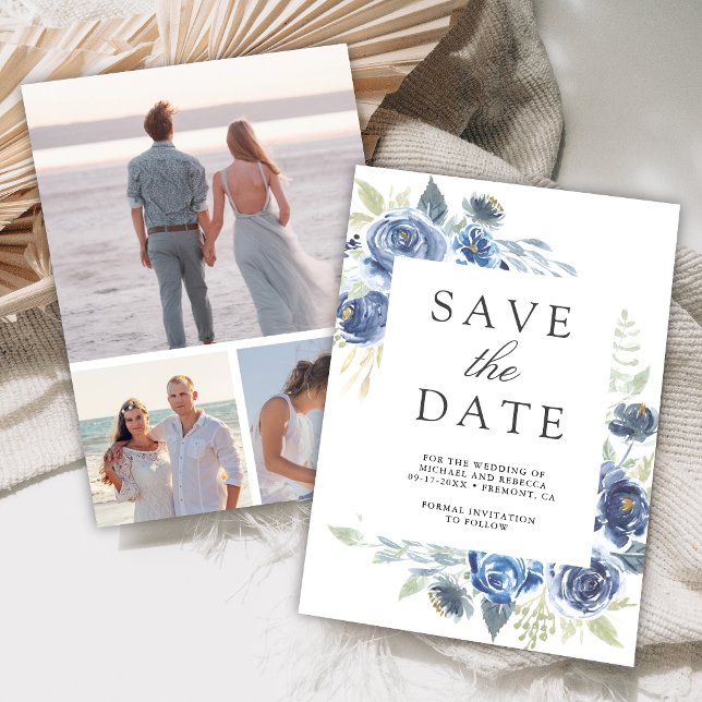 Rustikale staubblaue Blumen-Foto-Collage-Hochzeit Save The Date (Von Creator hochgeladen)