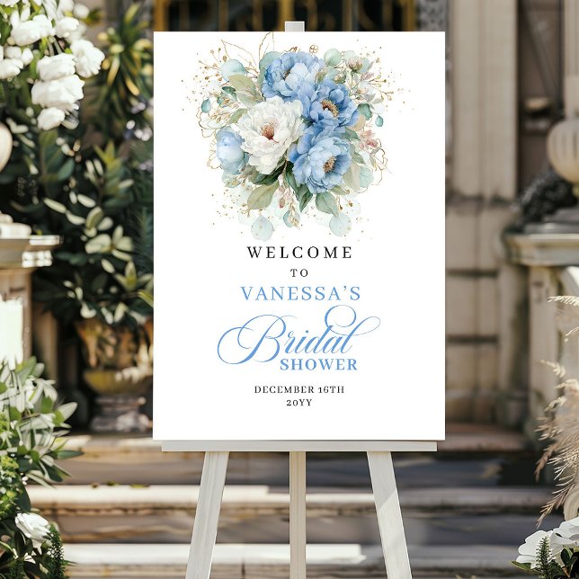 Rustikale staubblaue Blumen Hochzeitsdusche Willko Poster (Rustic Dusty Blue Flowers Bridal Shower Welcome)