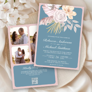 Rustikale staubblaue rosa Blumen Hochzeit QR Code Einladung