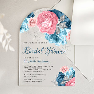Rustikale Staubblaue Rosa Florale Rosen-Hochzeitsd Acryleinladungen