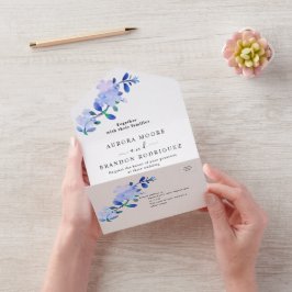 rustikale staubblaue Wasserfarben-Blume & Blätter All In One Einladung