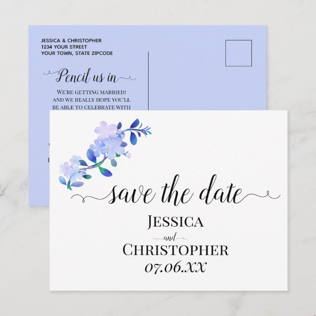 rustikale staubblaue Wasserfarben-Blume & Blätter Ankündigungspostkarte (Vorne/Hinten)