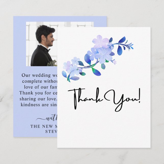 rustikale staubblaue Wasserfarben-Blume & Blätter Dankeskarte (Vorne/Hinten)