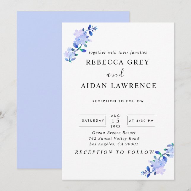 rustikale staubblaue Wasserfarben-Blume & Blätter Einladung (Vorne/Hinten)