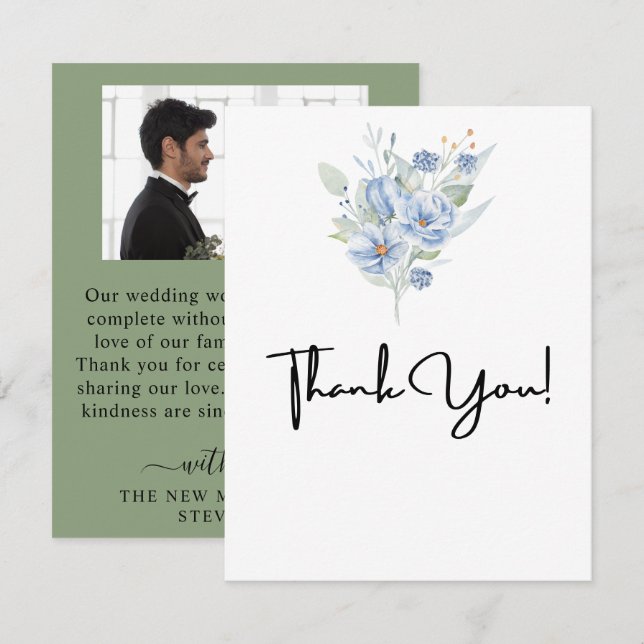 rustikale staubblaue Wasserfarben Blumen & Blätter Dankeskarte (Vorne/Hinten)
