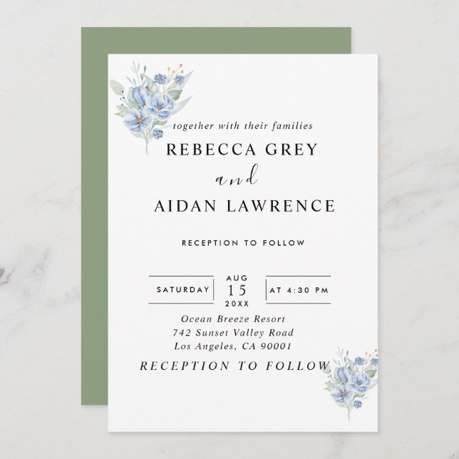 rustikale staubblaue Wasserfarben Blumen & Blätter Einladung (Vorne/Hinten)
