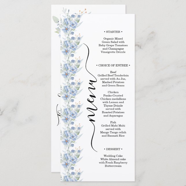 rustikale staubblaue Wasserfarben Blumen & Blätter Menükarte (Vorne/Hinten)