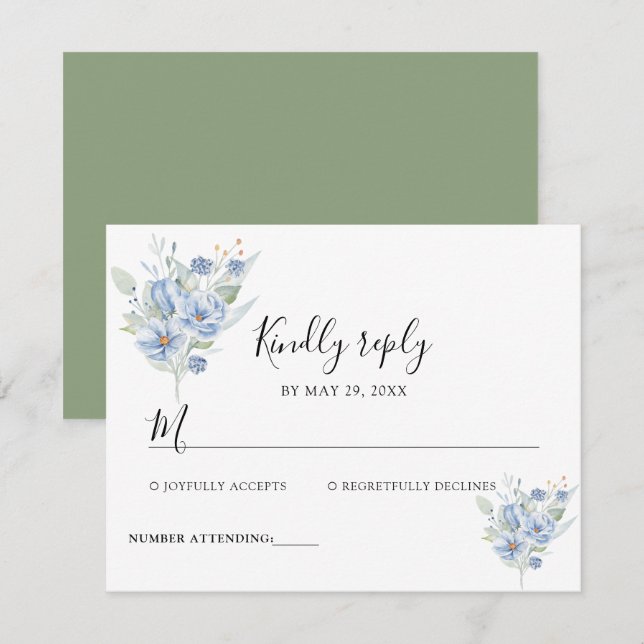 rustikale staubblaue Wasserfarben Blumen & Blätter RSVP Karte (Vorne/Hinten)