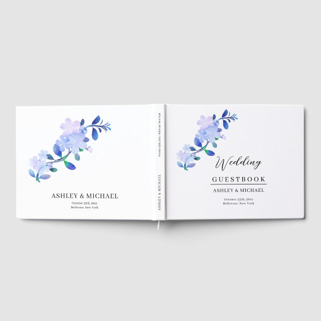 rustikale staubblaue wasserfarbene Blume & Blätter Gästebuch (Voll)