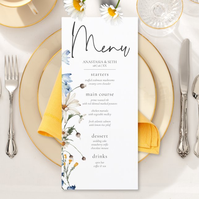 Rustikale staubblaue Wildblumen & Gänseblümchen La Menükarte (Rustic Dusty Blue Wildflowers & Daisies Long Wedding Menu)