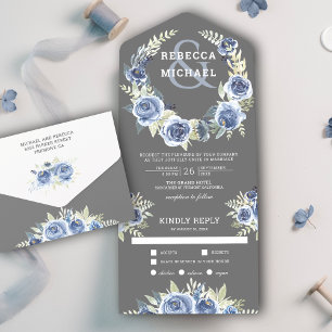 Rustikale staubige blaue graue florale Rose Girlan All In One Einladung