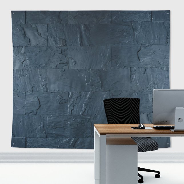 Rüstikale Stein-Schiefer-Wand in Mitternachtsblau- Wandteppich (Blue slates stone tapestry decor with stone  texture for zoom meetings backdrop or home decor)