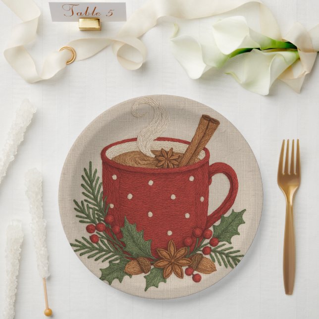 Rustikale Stickerei Weihnachtskakao Tasse Cinnamon Pappteller (Hochzeit)