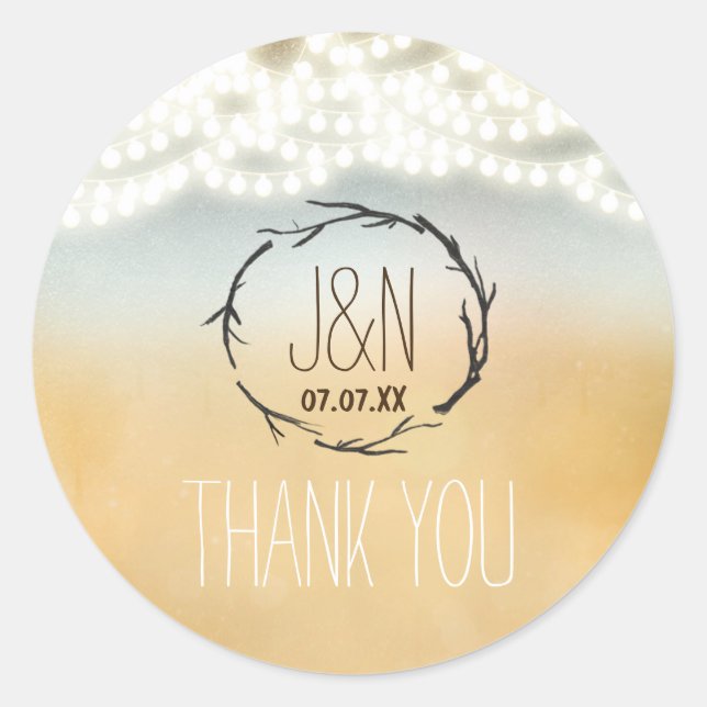 Rustikale Sticks Wreath String Lights Hochzeitstic Runder Aufkleber (Vorderseite)