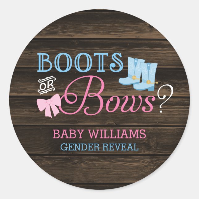 Rustikale Stiefel oder Bows Gender Reveal Baby Sho Runder Aufkleber (Vorderseite)
