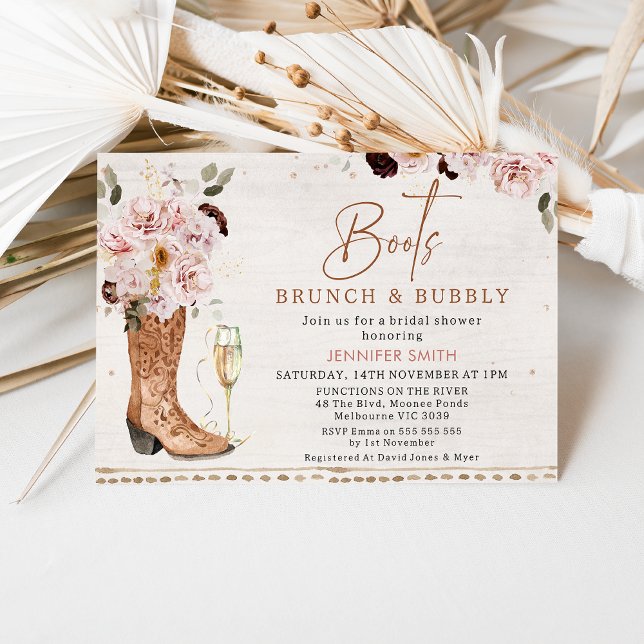 Rustikale Stiefel Strümpfe Bubbly Brautparty Einladung (Rustic boho floral boots, brunch and bubbly bridal shower invitation with glass and cowgirl boot.)