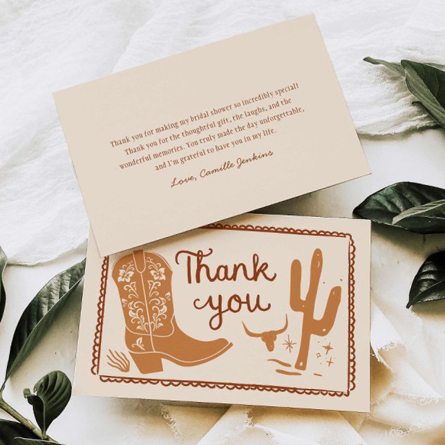 Rustikale Stiefel und sprudelnde handgezeichnete D Dankeskarte (Western Rustic Bridal Shower Thank you card)