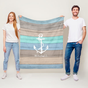 Rustikale Strandholz-Nautik-Streifen & Anker Fleecedecke