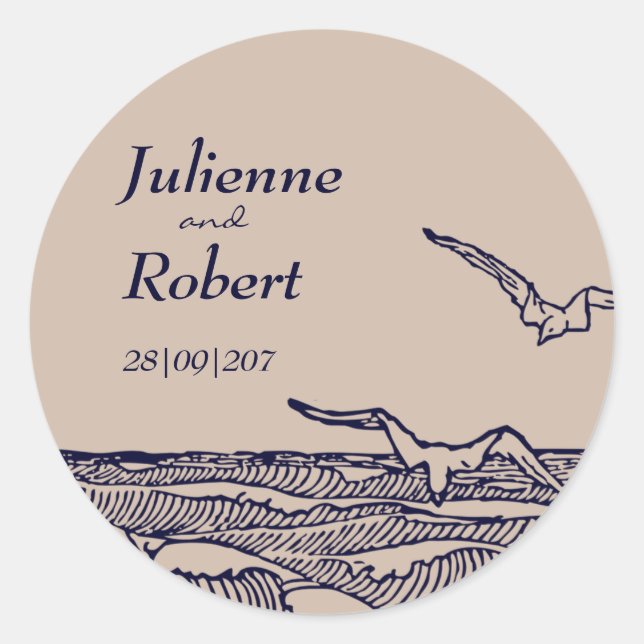 Rustikale Strandwellen Hochzeitsticker Runder Aufkleber (Vorderseite)