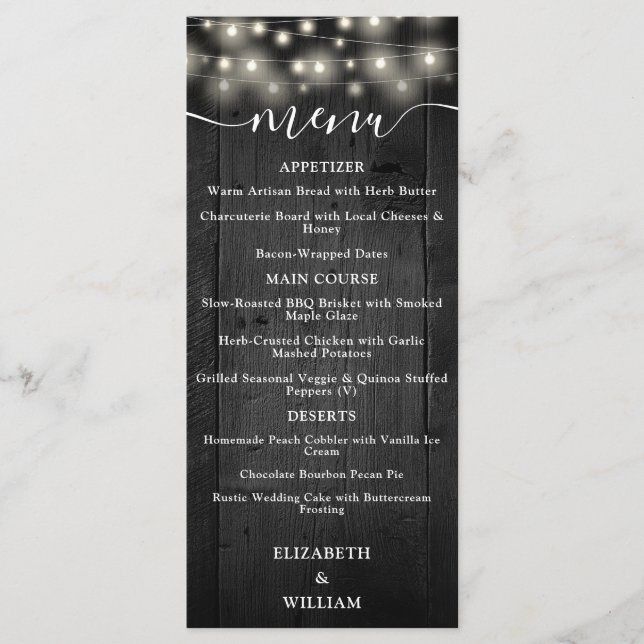 Rustikale String Lights Black Barn Wood Wedding Menükarte (Vorderseite)
