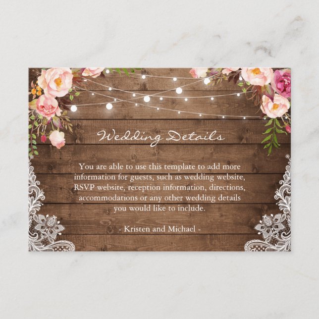 Rustikale String Lights Blumenzange Hochzeitdetail Begleitkarte (Vorderseite)
