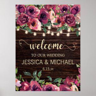 Rustikale String Lights Burgund Pink Floral Weddin Poster