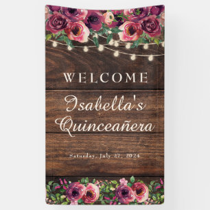 Rustikale String Lights Burgundy Floral Quinceañer Banner
