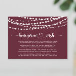 Rustikale String Lights Burgundy Honeymoon Wish Begleitkarte<br><div class="desc">Diese rustikale Saite leuchtet bordeauxrote Wunschzettel und ist perfekt für eine klassische Hochzeit. Das Design besticht durch schöne handbemalte Saitenleuchten in bordeauxrotem Hintergrund.</div>