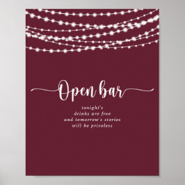 Rustikale String lights Burgundy Wedding Open Bar Poster