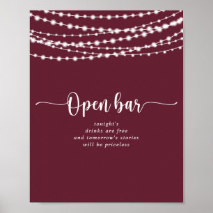 Rustikale String lights Burgundy Wedding Open Bar Poster