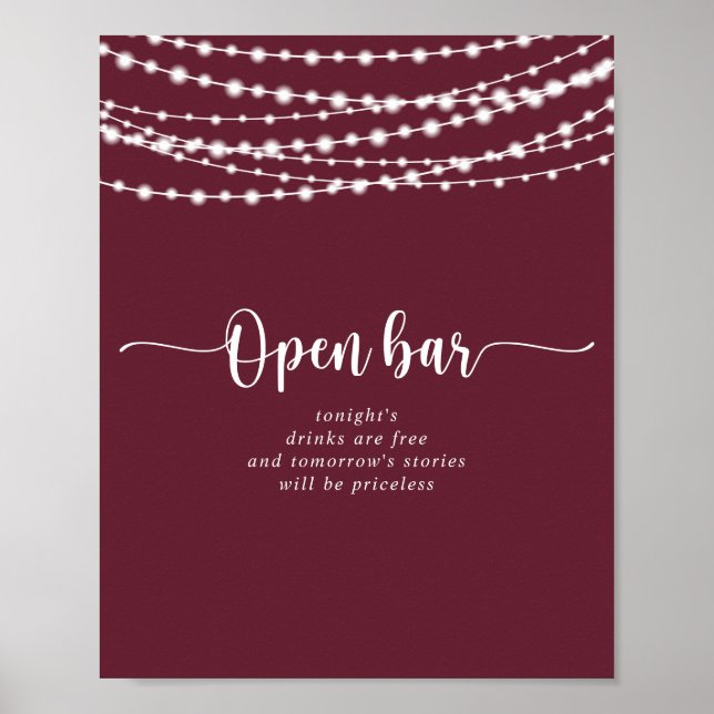 Rustikale String lights Burgundy Wedding Open Bar Poster (Vorne)