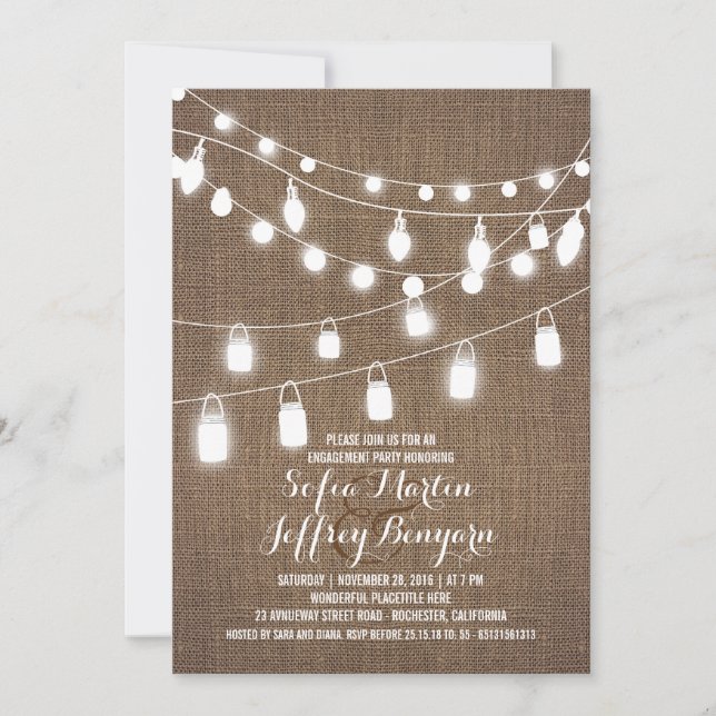 Rustikale String Lights Burlap Engagement Party Einladung (Vorderseite)