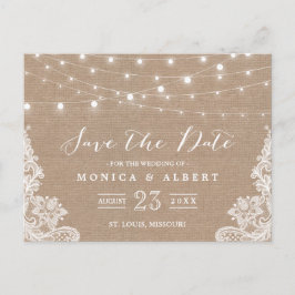 Rustikale String Lights Burlap Lace | SAVE THE DAT Ankündigungspostkarte