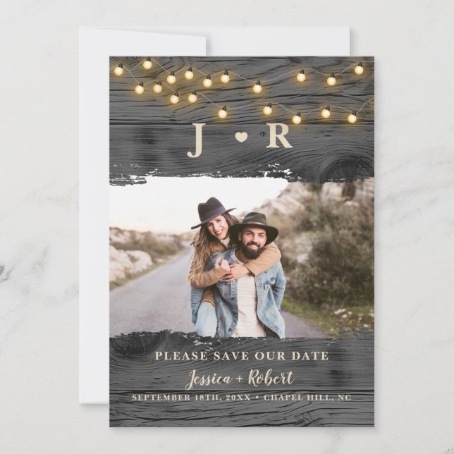 Rustikale String Lights Foto Save the Date Karte (Vorderseite)