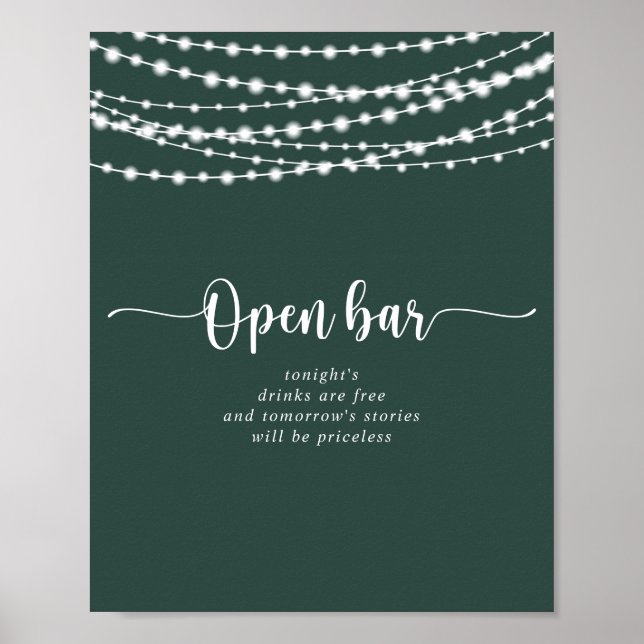 Rustikale String lights Green Wedding Open Bar Poster (Vorne)