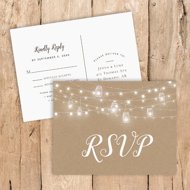 Rustikale String Lights Hochzeit RSVP Postcard Einladungspostkarte (Von Creator hochgeladen)