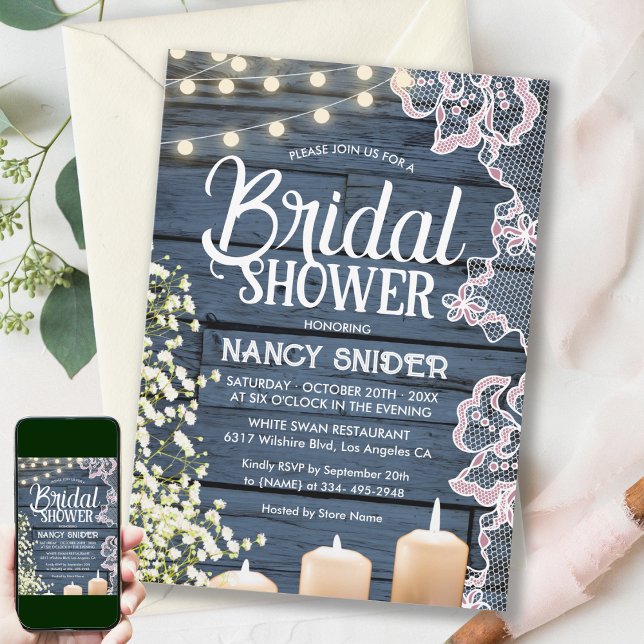 Rustikale String Lights & Lace Navy Blue Bridal Einladung (Von Creator hochgeladen)