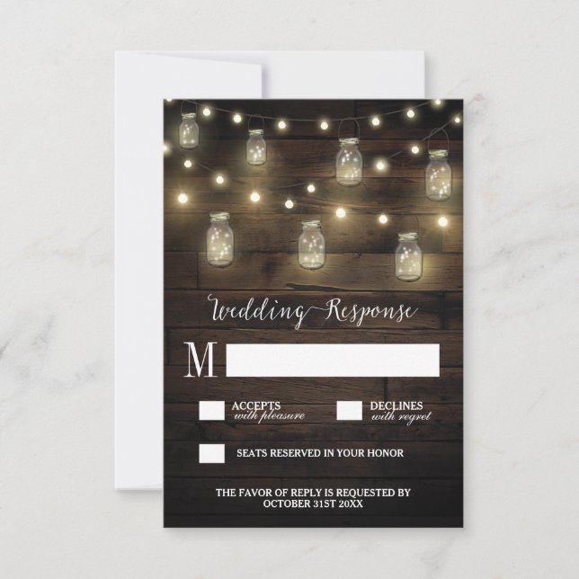 Rustikale String Lights Mason Jar Wedding RSVP Car Karte (Vorderseite)