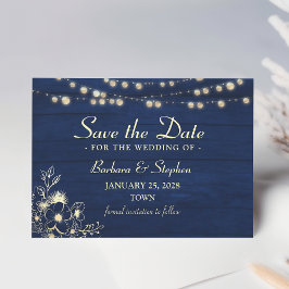 Rustikale String Lights Navy Blue Save The Date