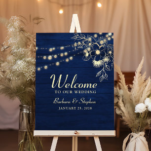 Rustikale String Lights Navy Blue Wedding Willkomm Poster