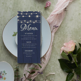 Rustikale String Lights Navy Blue Wood Wedding Menükarte