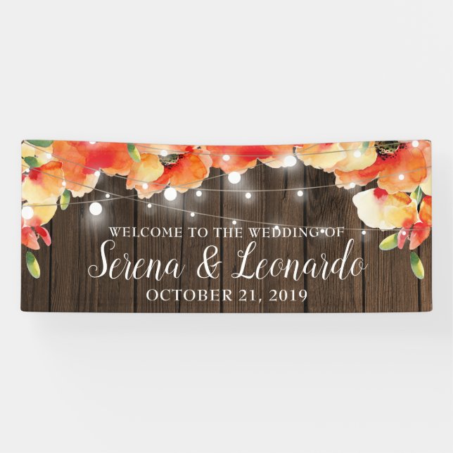 Rustikale String Lights Poppy Wedding Willkommen Banner (Horizontal)