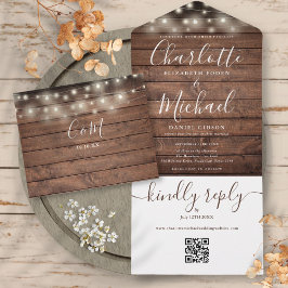 Rustikale String Lights QR Code Monogram Wedding All In One Einladung